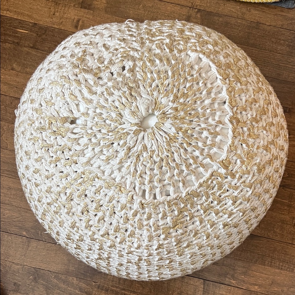 Crate&Barrel White and Gold Handwoven Round Pouf